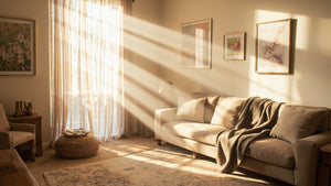 sunlit room with calming art prints, natural textures, soft colors, peaceful atmosphere