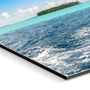 Aluminum photo print of tropical ocean waves and island landscape with blue sky