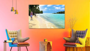 Modern living room with gradient wall, two armchairs, beach landscape canvas art, pendant lamps