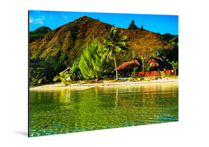 Glossy aluminum photo print with tropical beach, palm trees, and mountain view