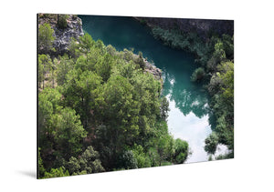 Glossy aluminum photo print featuring green forest and river landscape