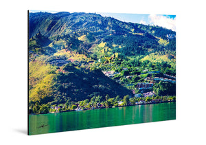 Glossy aluminum photo print of green mountain landscape with lake and hillside houses