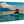 Direct print on wood of a tropical boat on calm blue water with mountains and clouds