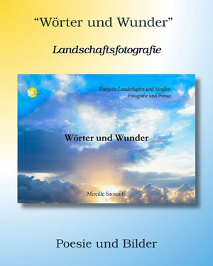 German poetry and landscape photography book cover with sunrise above clouds, titled Wörter und Wunder.