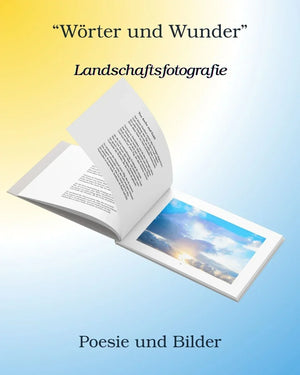 German poetry and landscape photography book open with text and sky photo on pastel background