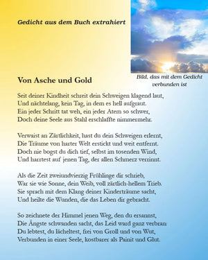 German poetry book page with sunset sky photo, decorative art print, poetic artwork