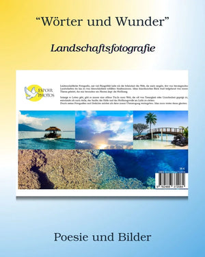 German book cover featuring landscape photography, beach scenes, poetic text, and bright skies