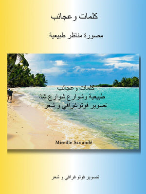 Arabic book cover with a tropical beach landscape, palm trees, and blue sky, featuring artistic photography and poetry themes.
