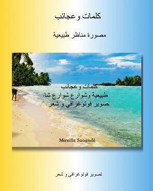 Arabic book cover with a tropical beach landscape, palm trees, and blue sky, featuring artistic photography and poetry themes.