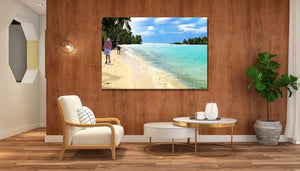 Modern living room with wood wall, armchair, coffee table, and large beach canvas art