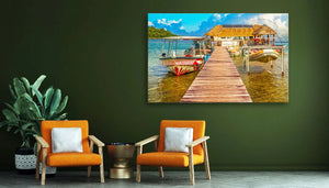 Colorful pier with boats and thatched hut canvas wall art in modern living room