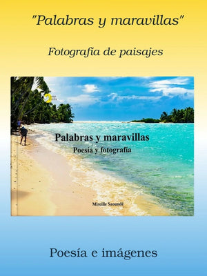 Spanish poetry and photography book cover with tropical beach landscape, vibrant ocean and palm trees.
