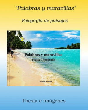 Spanish poetry and photography book cover with tropical beach landscape, vibrant ocean and palm trees.