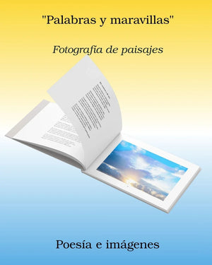 Open poetry and landscape photography book with Spanish text, featuring sunset sky photo.