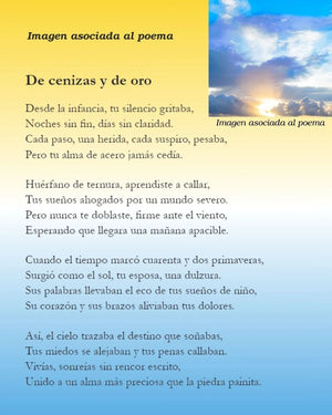Spanish poem titled 'De cenizas y de oro' with sunrise and cloud photo on gradient yellow to blue background