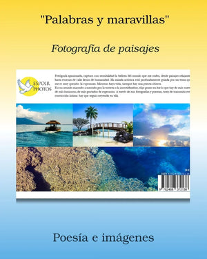 Spanish landscape photography book cover with poetic images, ocean, bridge, and sunset scenes