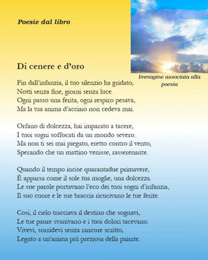 Italian poetry page with yellow to blue gradient background and a bright sky photo inset.