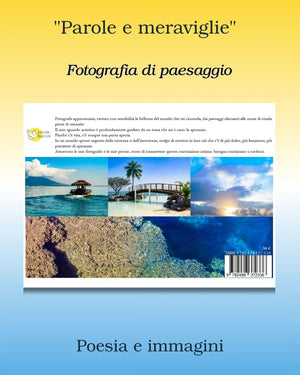 Italian landscape photography book cover with poetic text, tropical scenes, ocean, and sunset.