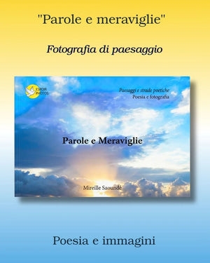 Poetry and landscape photography book with sunrise sky, Italian cover, artistic clouds.