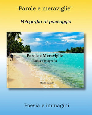 Italian poetry and photography book cover with tropical beach landscape, palm trees, and turquoise sea.