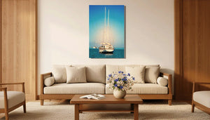 Framed sailboat wall art in modern living room with wooden furniture and beige decor