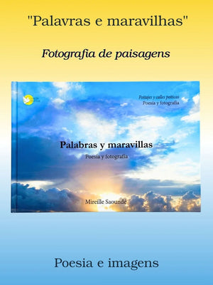 Landscape photography poetry book cover with sunrise clouds, multilingual text, scenic art book
