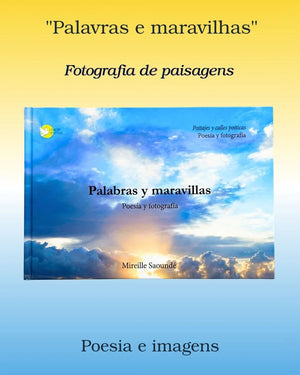 Landscape photography poetry book cover with sunrise clouds, multilingual text, scenic art book