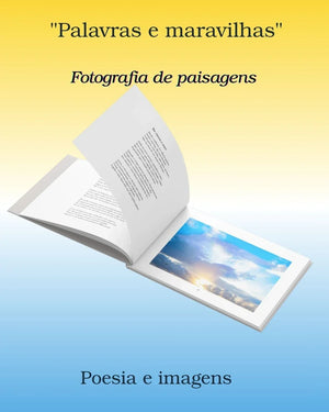 Open photo book with poetry and landscape photography on a blue-yellow gradient background