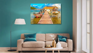 Living room with teal wall, beige sofa, and framed tropical pier and boat art print
