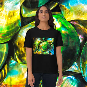 Woman wearing black t-shirt with abstract vibrant green and yellow shell art print