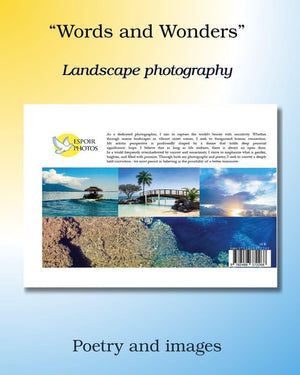 Book cover for 'Words and Wonders' featuring landscape photography, poetry, and ocean scenery.