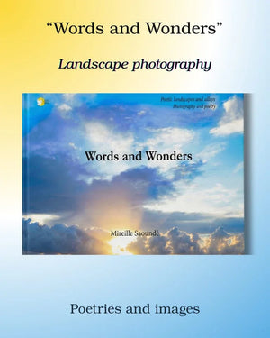 Landscape photography art book cover with sunlit clouds, titled 'Words and Wonders' by Mireille Saoundé