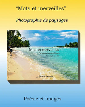 Book cover for 'Mots et merveilles' showing poetic landscape photography of a tropical beach with blue water, lush greenery, and clear sky.