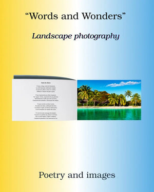 Open photo book featuring landscape photography and poetry with tropical scenery, gradient background