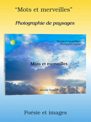 French poetry and landscape photography book cover with clouds and sunrise, titled Mots et merveilles.
