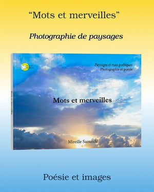 French poetry and landscape photography book cover with clouds and sunrise, titled Mots et merveilles.