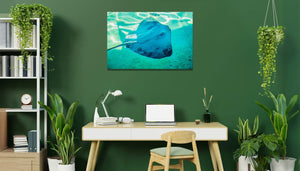 Tableau décoratif raie manta sous l’eau turquoise accroché dans un bureau moderne verdoyant