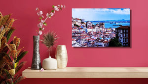 Modern living room shelf with decorative vases and wall art cityscape photo print