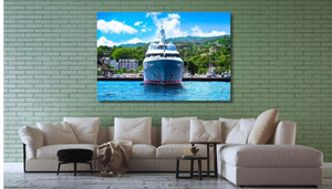 Modern living room with white sofa and a large yacht wall art on a green brick wall