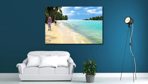 Modern living room with white sofa, wall art of tropical beach and ocean, blue accent wall