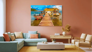 Modern living room with pastel decor, featuring a large wall art of a tropical pier and boats.