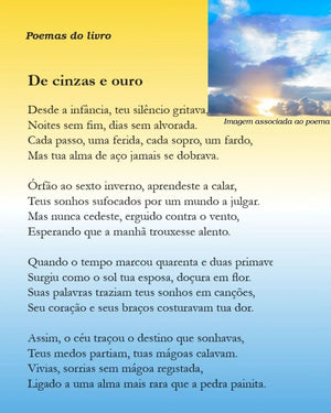 Decorative art print featuring poem 'De cinzas e ouro' on a yellow to blue gradient background with a sky and clouds photo.